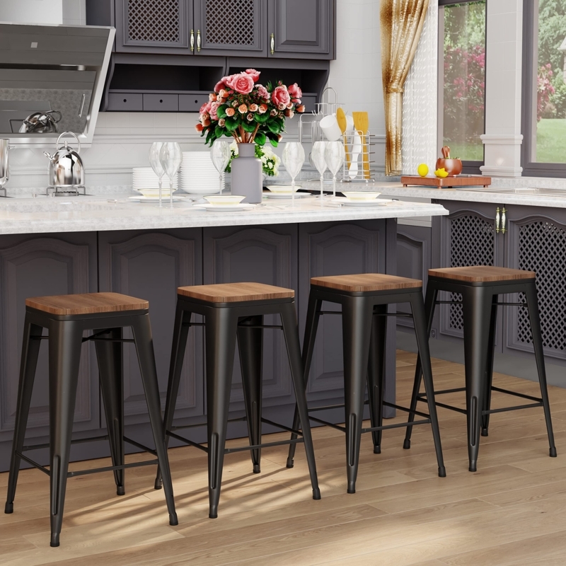Bar Stool Industrial Backless Matte Black Metal Wood Toned Seat