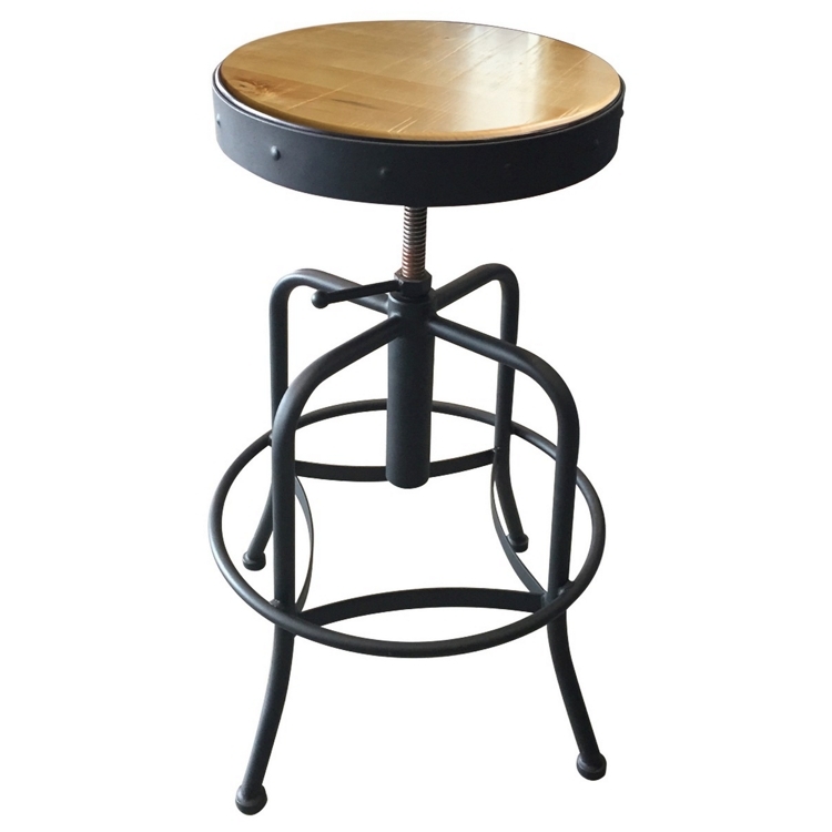 Bar Stool: Industrial Black Metal Tripod Base, Round Wood Swivel Seat