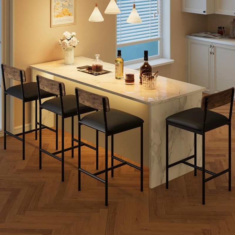 Bar Stool Industrial Black Metal Wood Grain Backrest Open Back