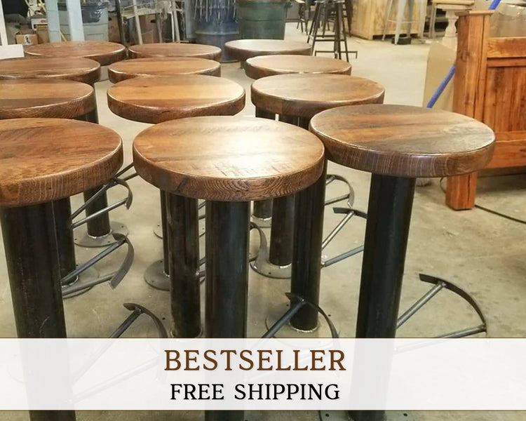 Bar Stool Industrial Bolt Down Base Pedestal Wood Seat Rugged