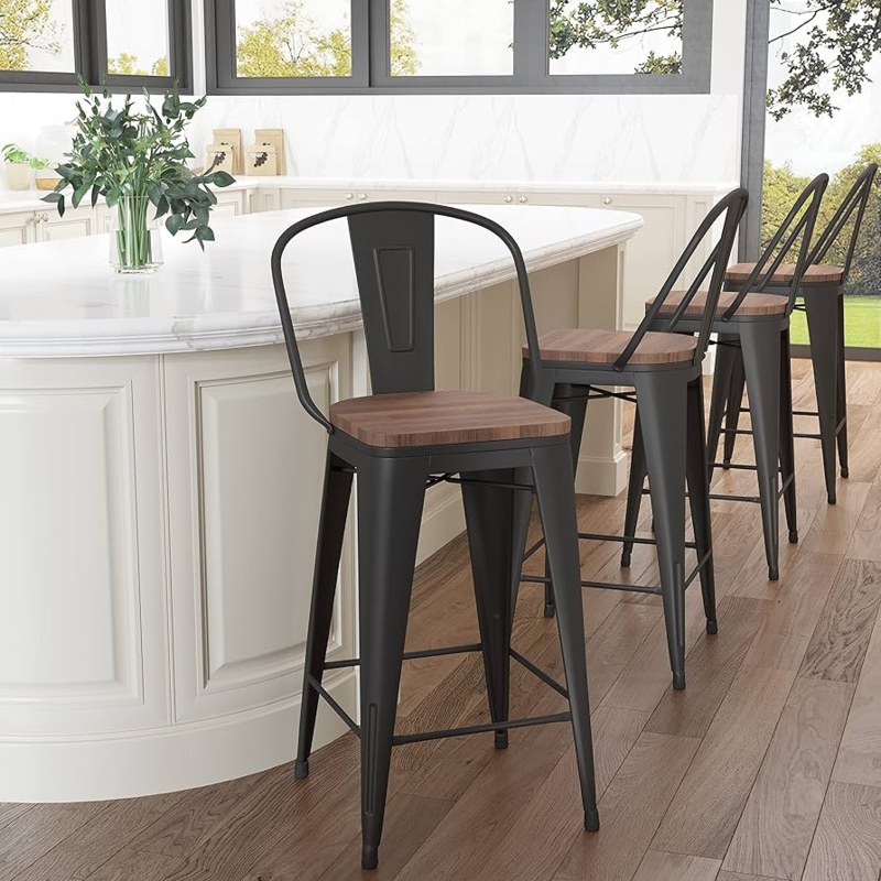 Bar Stool: Industrial Matte Black Metal, Wood Toned Seat