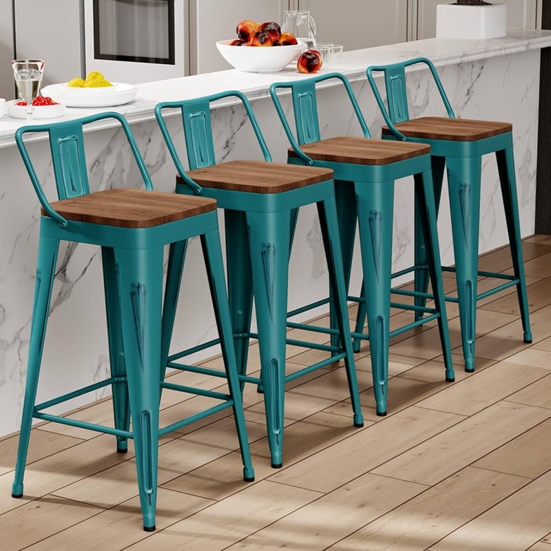Bar Stool Industrial Metal Frame Distressed Teal Wood Seat