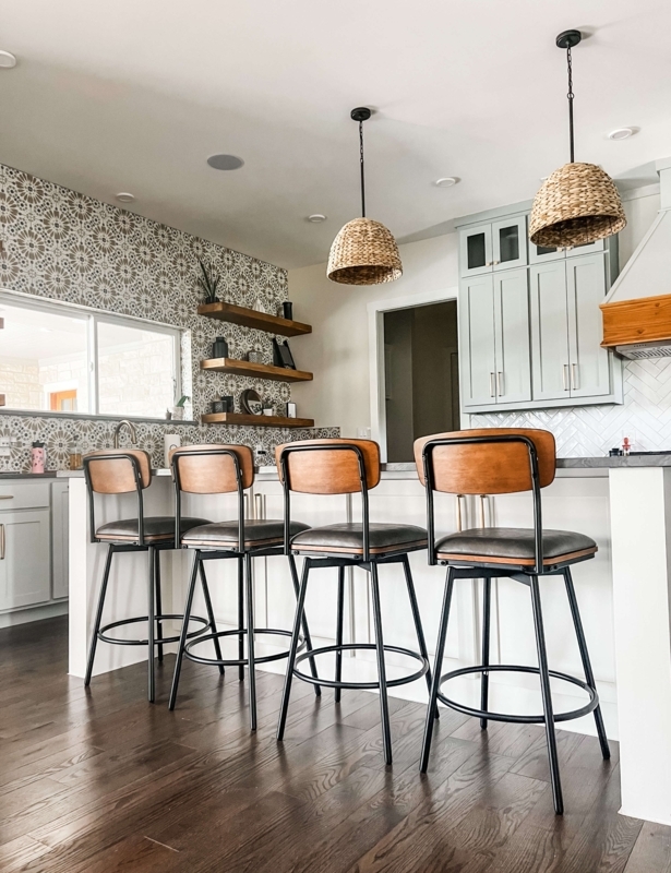 Bar Stool Industrial Mixed Materials Swivel with Wood and Black Metal