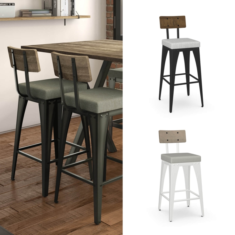 Bar Stool Industrial Non Swivel Wood Back Upholstered Seat