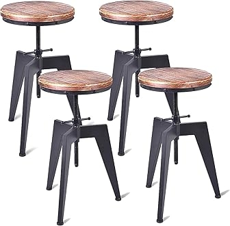 Bar Stool Industrial Screw Mechanism Adjustable Height Rustic Wood Seat