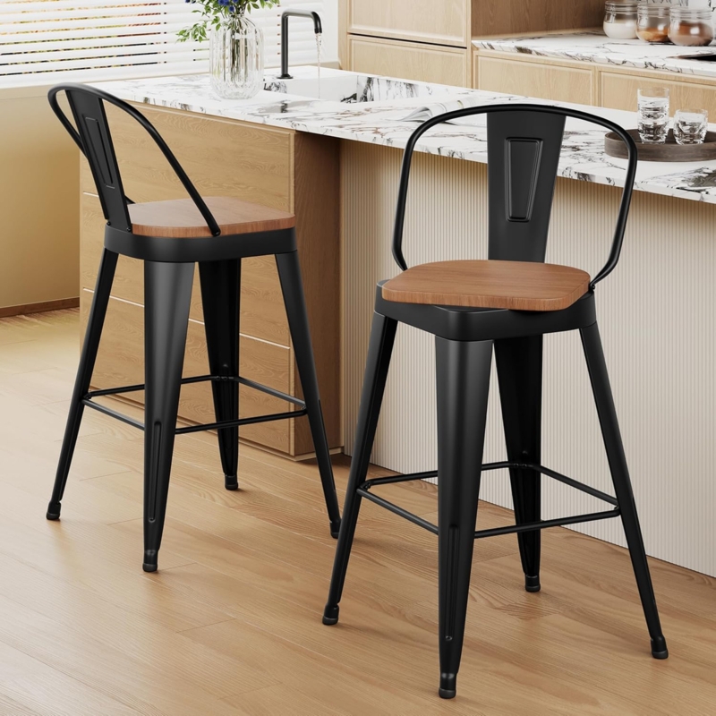 Bar Stool: Industrial Silhouette, Matte Finish, Wood Toned Seat, High Back