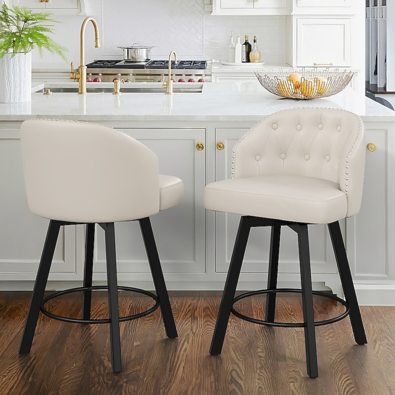 Bar Stool Ivory Button Tufted Nailhead Trim Swivel Classic