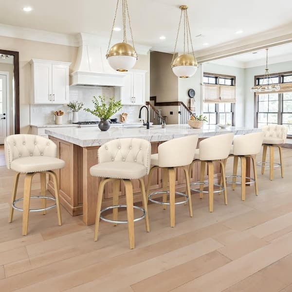 Bar Stool Ivory Diamond Tufted Swivel with Nailhead Trim Wood Legs