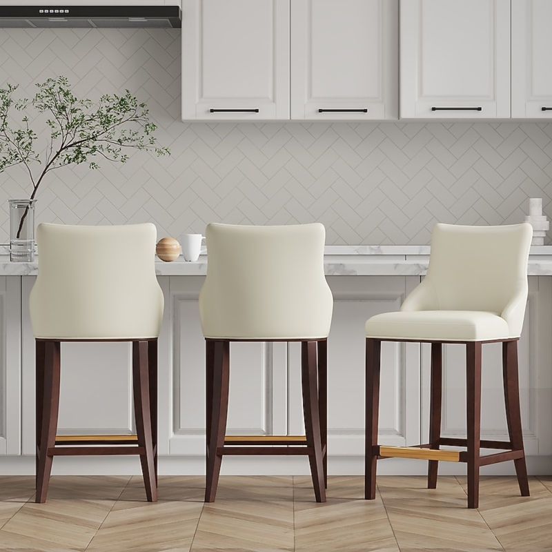 Bar Stool Ivory High Back with Dark Wood Legs and Brass Accents