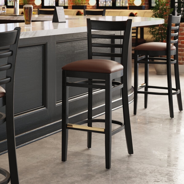 Bar Stool Ladder Back Brass Footrest Black Wood Frame Pub Stools