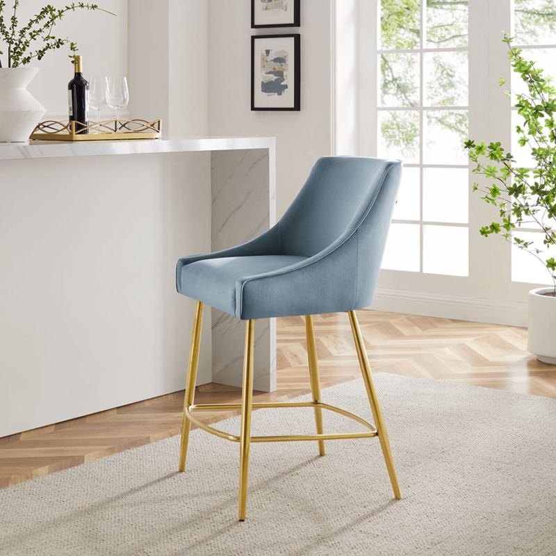 Bar Stool Light Blue Upholstery Gold Metal Curved Back