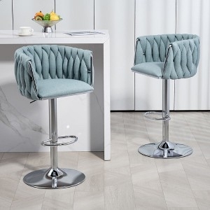 Bar Stool Light Blue Woven Back Adjustable Chrome Pedestal Trumpet Base
