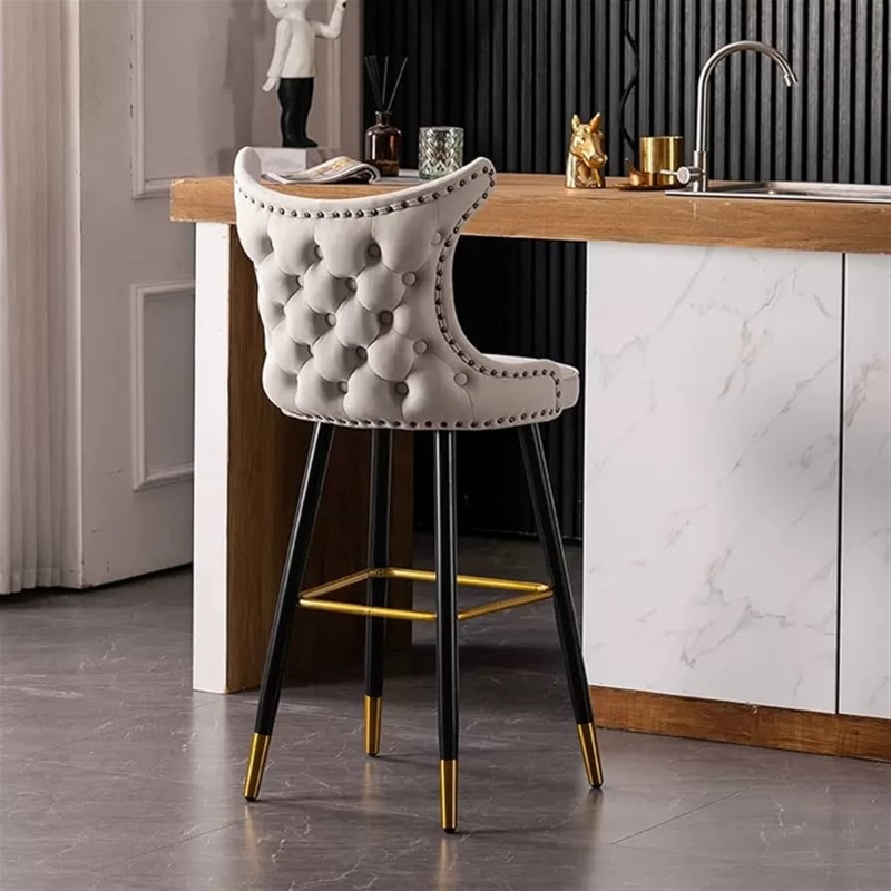 Bar Stool Light Gray Tufted Back Gold Tipped Metal Legs Nailhead