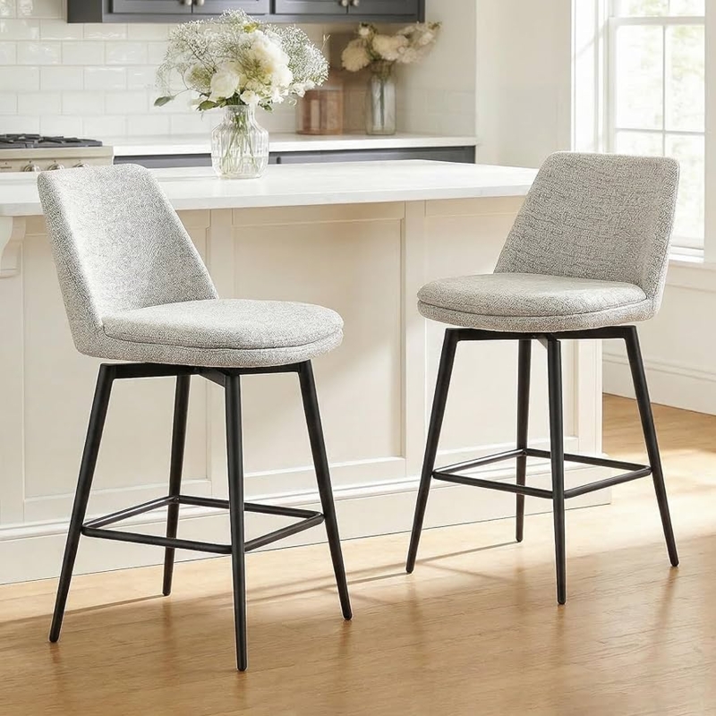Bar Stool Light Grey Woven Fabric Swivel Black Metal Legs Modern