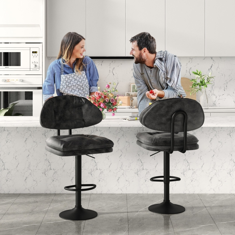 Bar Stool Loop Back Frame Tufted Seat Charcoal Grey Fabric Pedestal