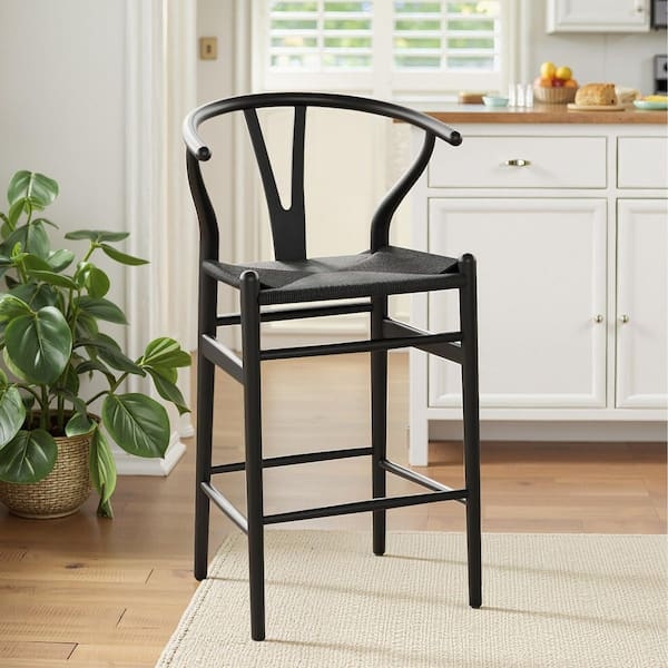 Bar Stool Matte Black Finish Wishbone Back Woven Cord Seat