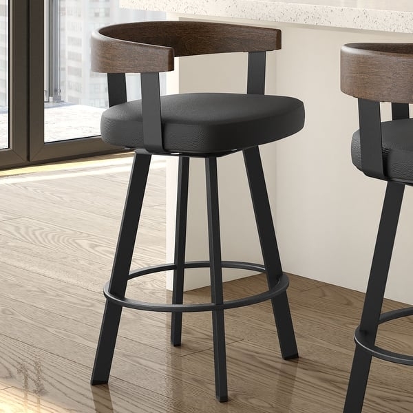 Bar Stool Matte Black Metal Curved Wood Back Swivel Seat Footrest