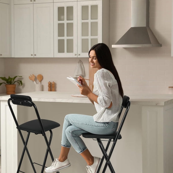 Bar Stool Matte Black Metal Folding Frame Low Backrest Padded Seat