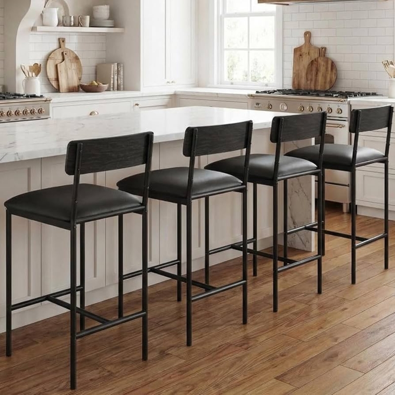 Bar Stool Matte Black Metal Frame Wood Grain Backrest Slim Profile