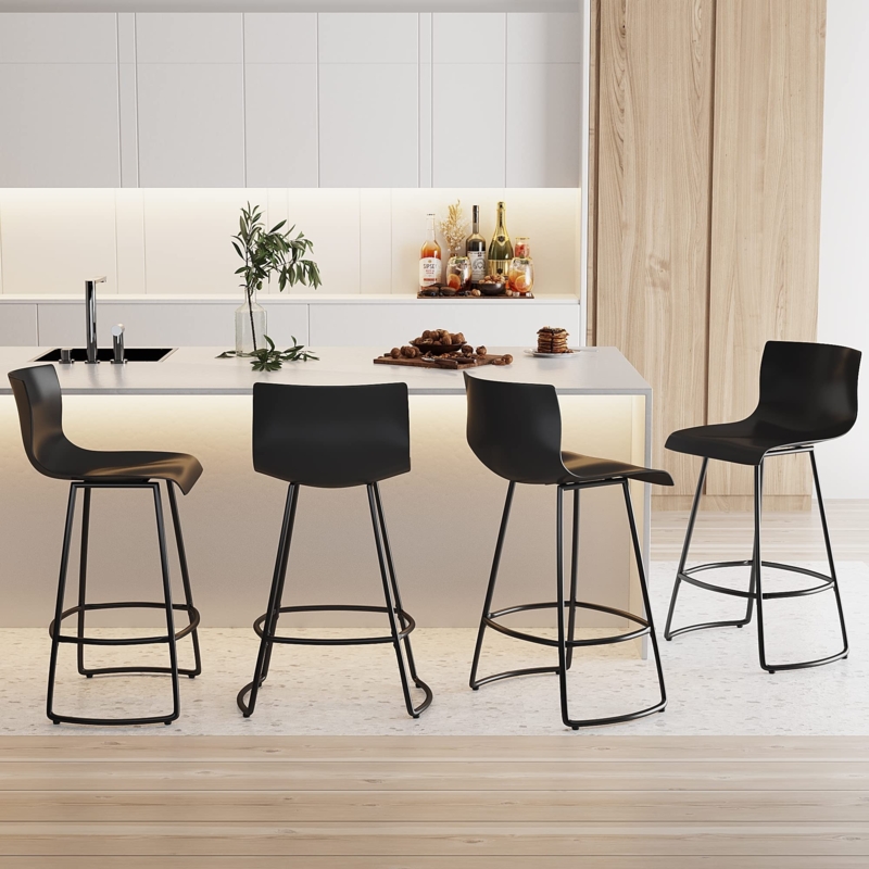 Bar Stool Matte Black Molded Curved Back Integrated Footrest Ring
