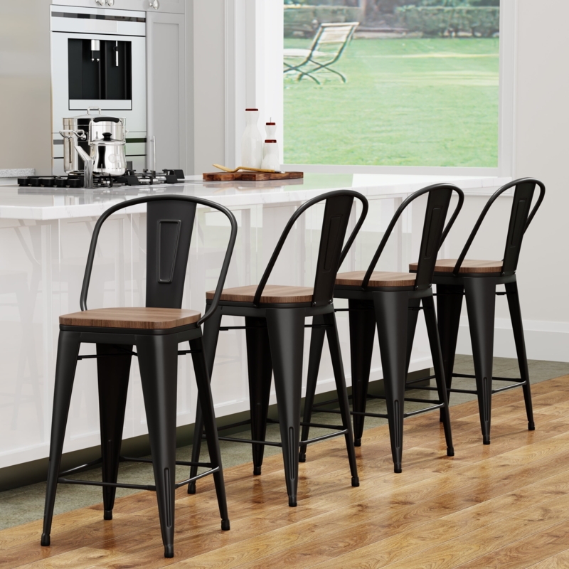 Bar Stool Metal Frame Wood Seat Industrial Silhouette