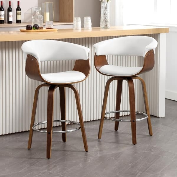 Bar Stool, Mid-Century Bentwood Frame, White Upholstered Swivel Seat