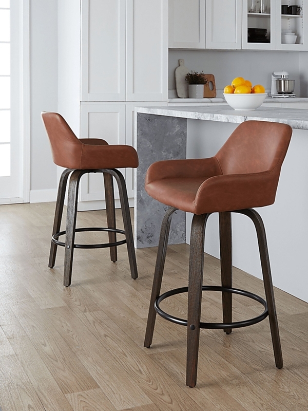 Bar Stool Mid-Century Bucket Seat Swivel Camel Brown Finish