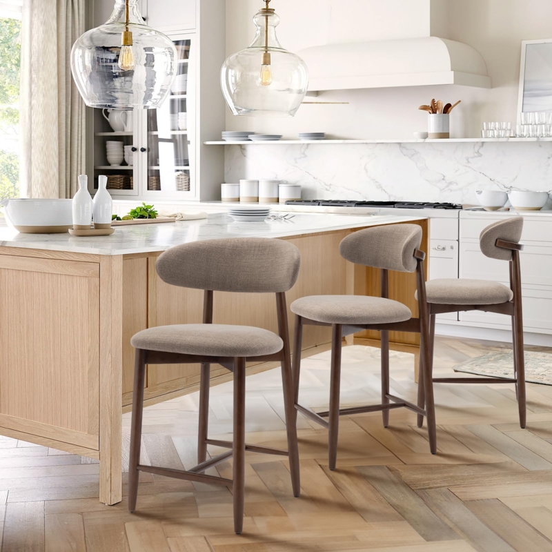 Bar Stool Mid-Century Curved Back Fabric Warm Wood Tapered Legs