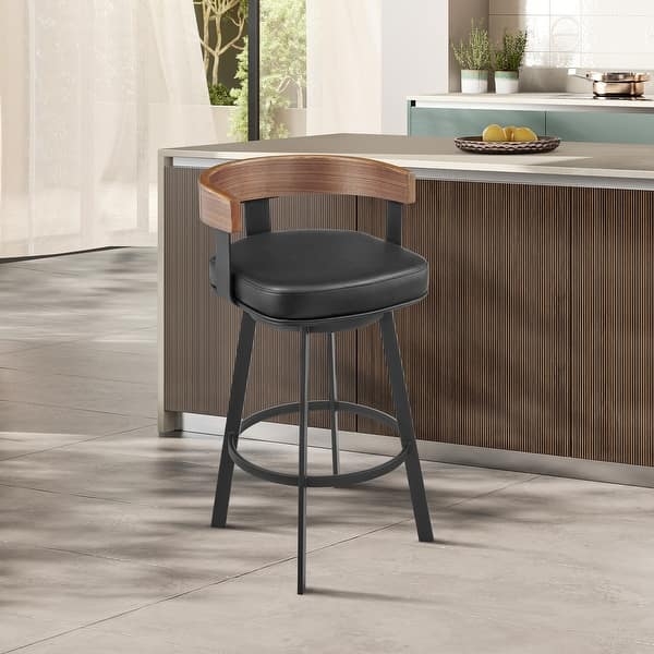 Bar Stool Mid-Century Curved Wood Back Black Iron Swivel Frame