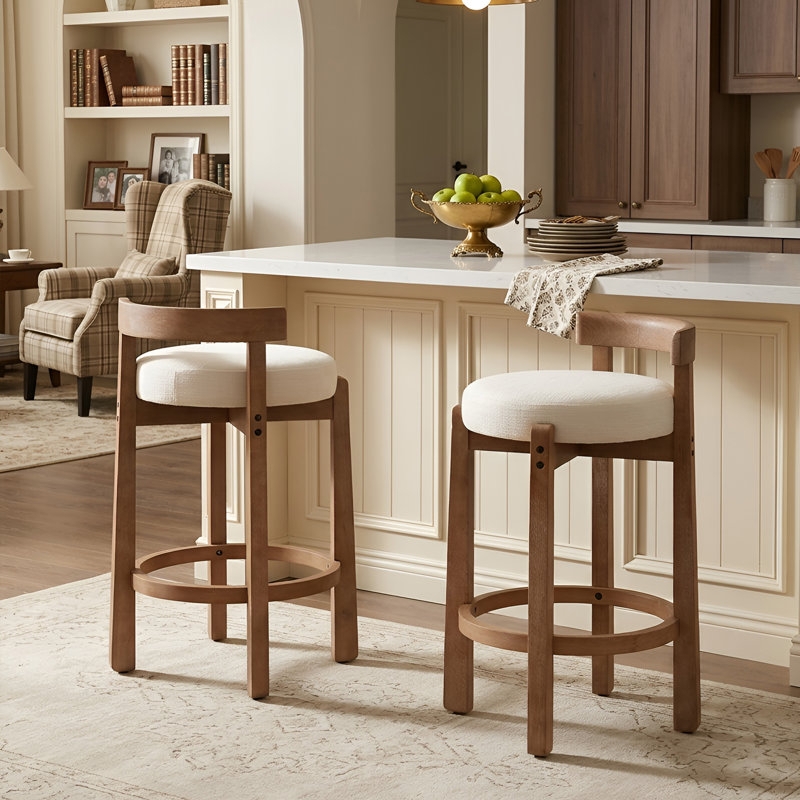 Bar Stool, Mid-Century Modern, Circular Off-White Linen-Like Seat, Tapered Legs