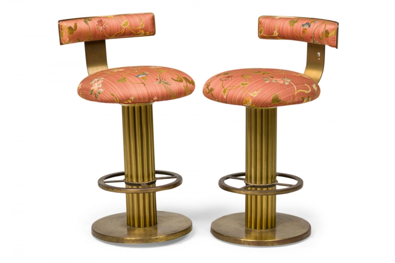 Bar Stool Mid Century Modern Floral Upholstery Fluted Column Base