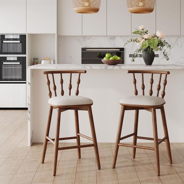 Bar Stool, Mid-Century Modern, Hourglass Spindle Back, Beige Seat