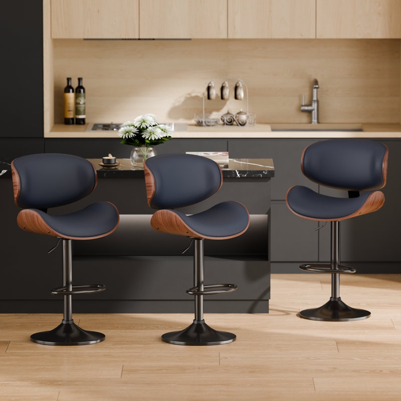 Bar Stool: Mid-Century Modern Organic Curved Walnut & Navy Swivel