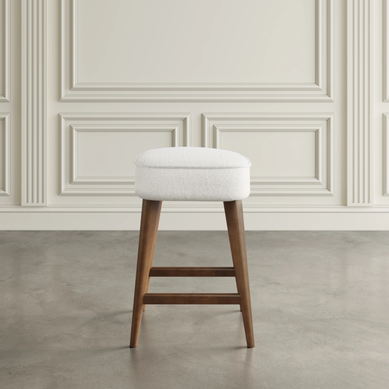 Bar Stool Mid-Century Modern White Boucle Wood Legs