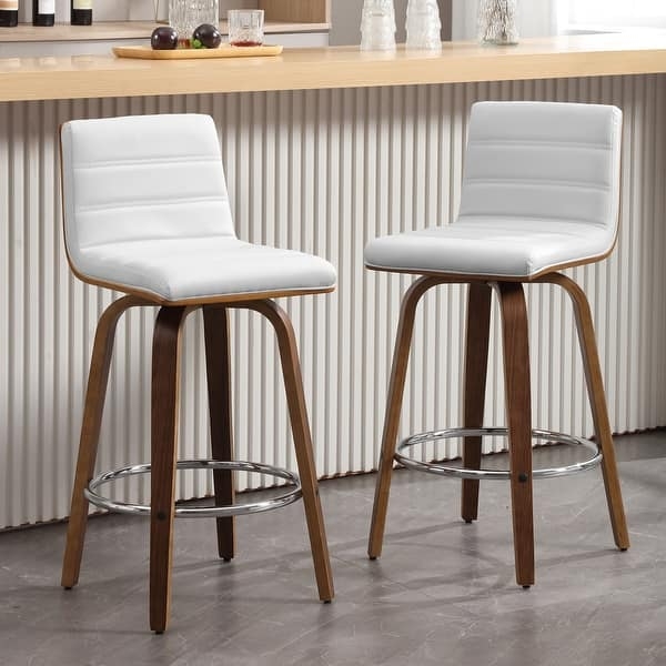 Bar Stool Mid-Century Swivel Bentwood Legs White Channel Tufting