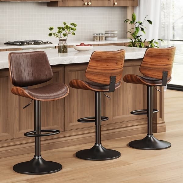 Bar Stool: Mid-Century Walnut Bentwood Back, Dark Brown Channel Seat
