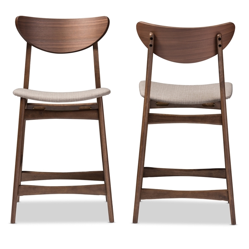 Bar Stool Mid-Century Walnut Finish with Crescent Backrest Grey Seat