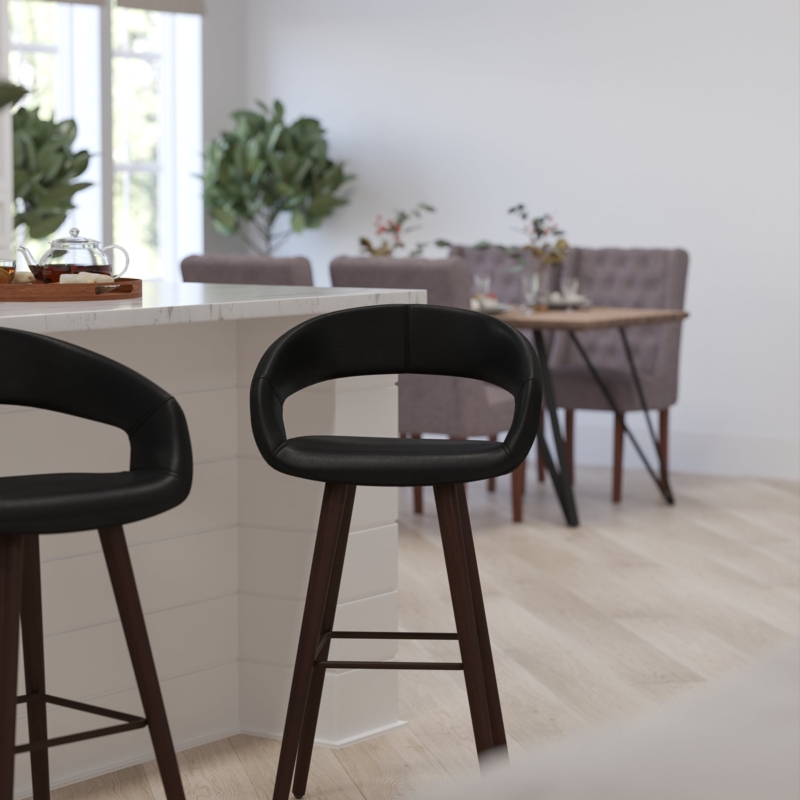 Bar Stool: Minimalist Black and Wood Bar Stools, Tapered Legs, Open Back
