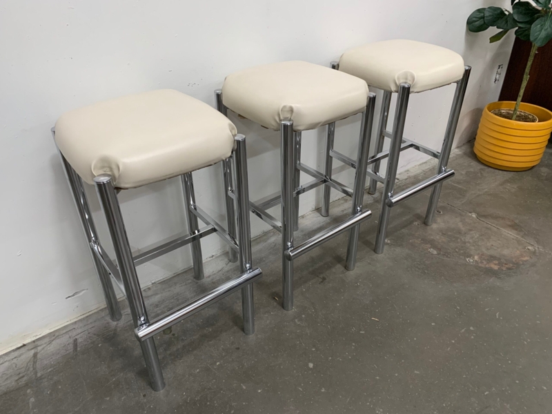 Bar Stool Minimalist Chrome Cream Upholstered Backless Square Seat