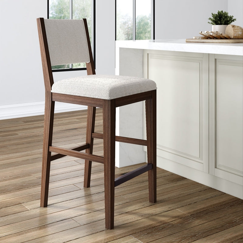 Bar Stool Minimalist Wood Frame Ivory Textured Fabric Back