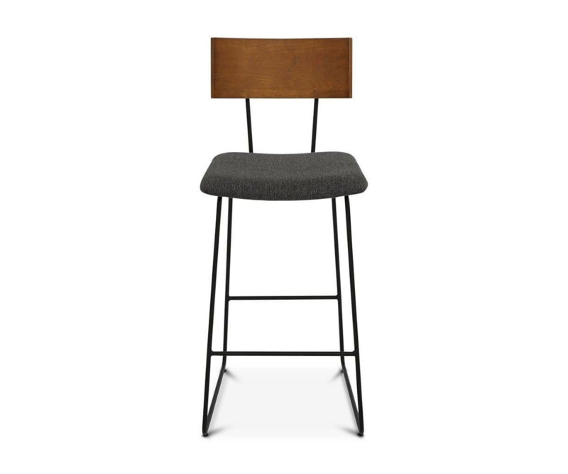 Bar Stool Mixed Material Wood Back Charcoal Seat Slim Metal Frame