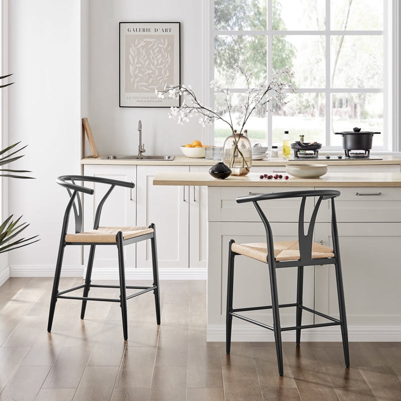 Bar Stool, Modern Black Wishbone Silhouette, Woven Seat, Scandinavian