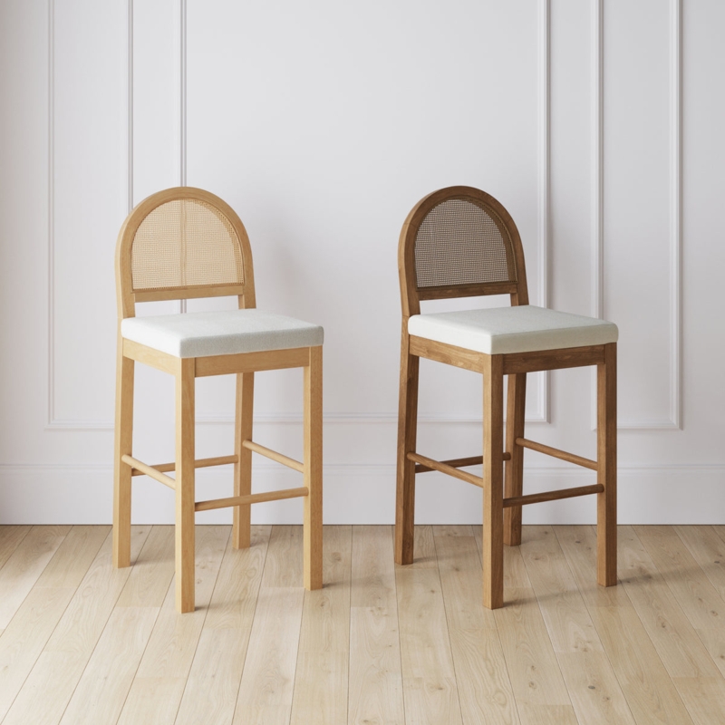 Bar Stool Modern Coastal Style with Arched Cane Back & Wood Finish