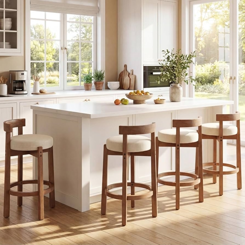 Bar Stool Modern Farmhouse Beige Low Back Wood Base
