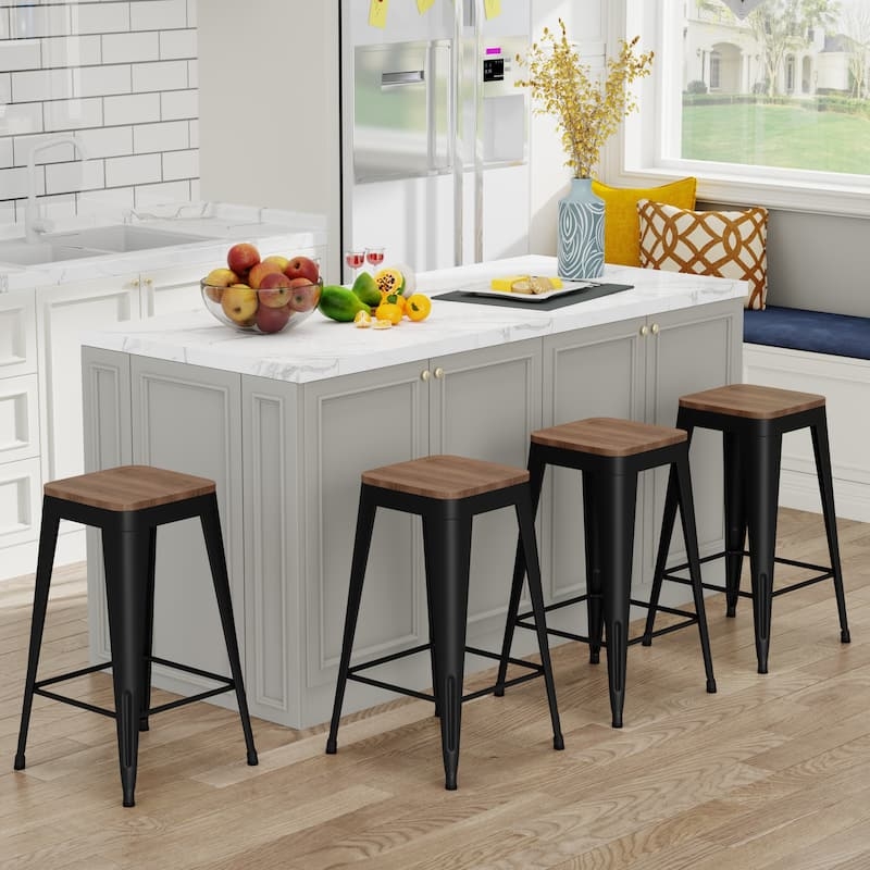 Bar Stool Modern Farmhouse Black Metal Frame Wood Toned Seat