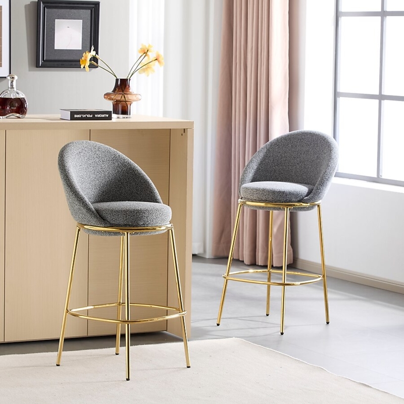 Bar Stool Modern Glam Gold Plated Frame Gray Textured Curved Back