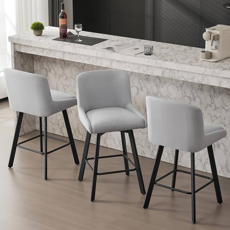 Bar Stool Modern Gray Fabric, Matte Black Legs for Island