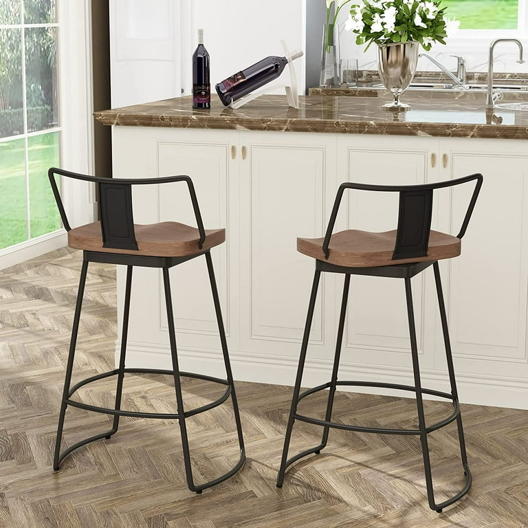 Bar Stool Modern Swivel Contoured Wood Seat Matte Black Frame