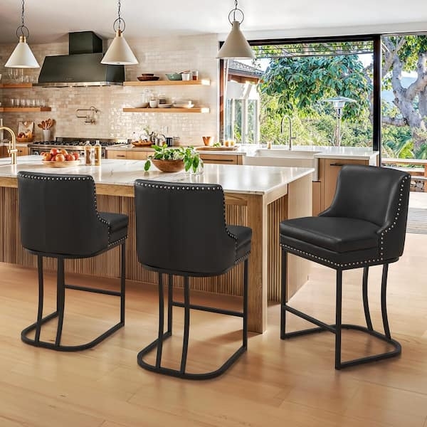 Bar Stool Nailhead Trim Black Faux Leather Transitional Sled Base