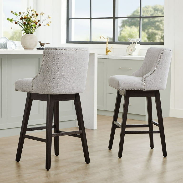 Bar Stool Nailhead Trim Ivory Woven Fabric High Back
